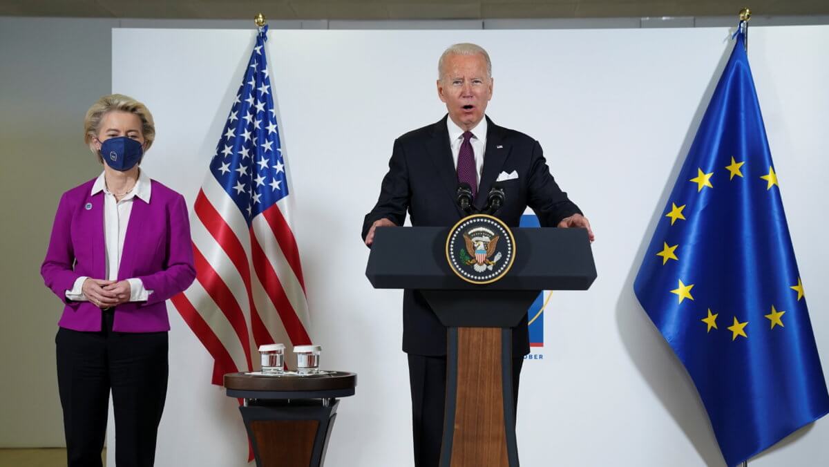 U.S. President Joe Biden and European Commission’s President Ursula von der Leyen speak about steel and aluminium tariffs