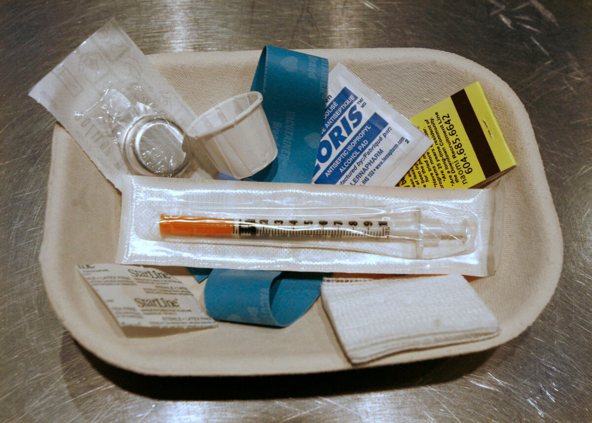 Small kit of supplies waits to be used by drug addicts visiting safe injection site in Vancouver