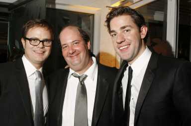 Actors Wilson, Krasinski, and Baumgartner pose at the at the Golden Globe awards’ after party for the HBO network in Beverly Hills