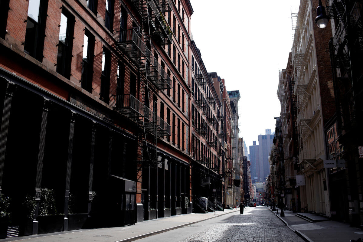 A nearly deserted Mercer Street is seen in the Soho neighborhood of Manhattan during the coronavirus outbreak in New York City