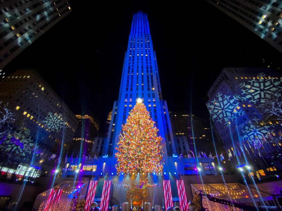 The Christmas tree is lit at Rockefeller Center in the Manhattan borough of New York City, New York