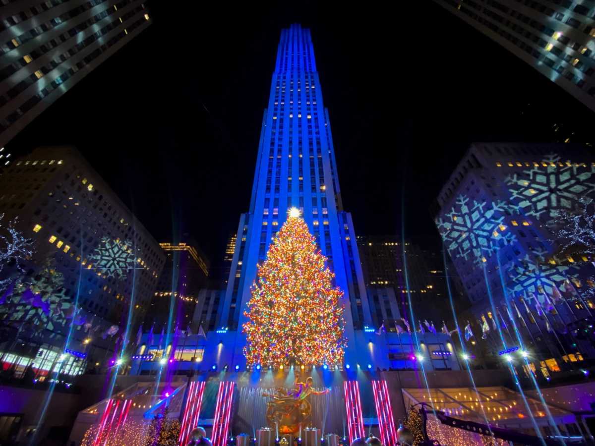 The Christmas tree is lit at Rockefeller Center in the Manhattan borough of New York City, New York