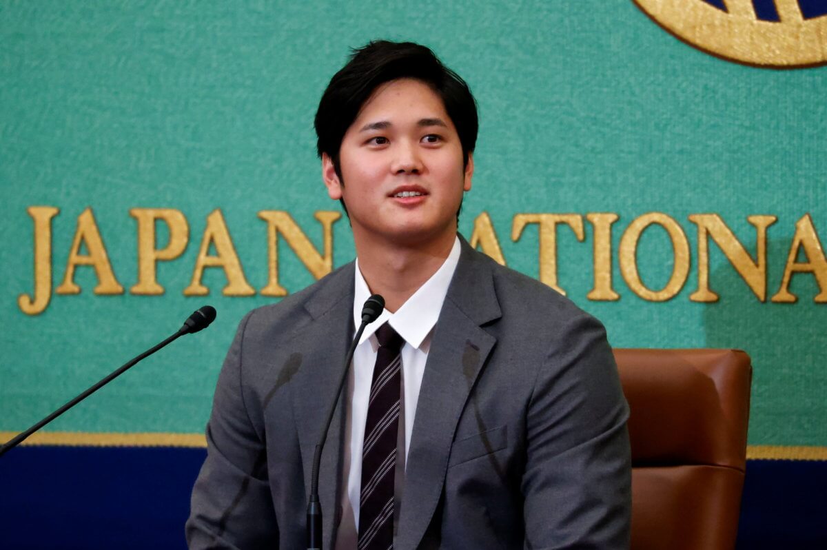 Japanese two-way baseball player for the Los Angeles Angels Shohei Ohtani attends a news conference at the Japan National Press Club in Tokyo
