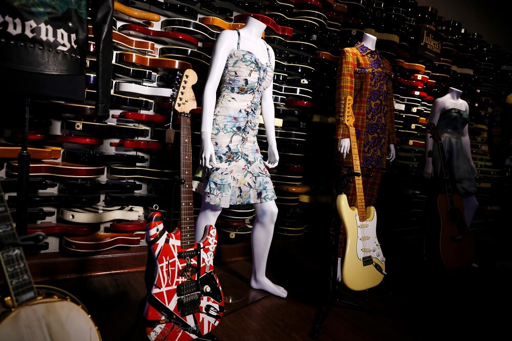 Items that are part of the Highlights from the Icons; Rock ‘N’ Roll Julien’s Auctions are seen during the media preview at the Hard Rock Cafe at Times Square in New York City