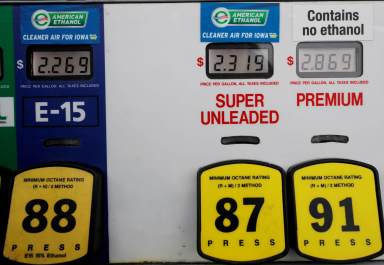 FILE PHOTO: Choices at the gas pump including ethanol or no ethanol gas are seen in Des Moines
