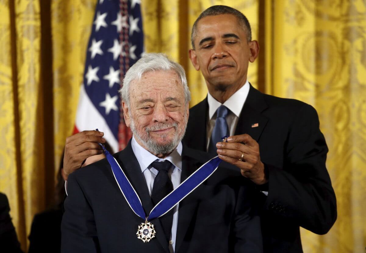U.S. President Barack Obama presents the Presidential Medal of Freedom to composer and lyricists Stephen Sondheim during an event in the East Room of the White House in Washington