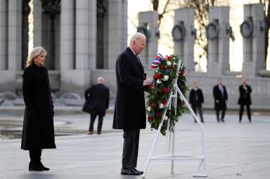President Biden visits World War Two Memorial on the National Mall in Washington