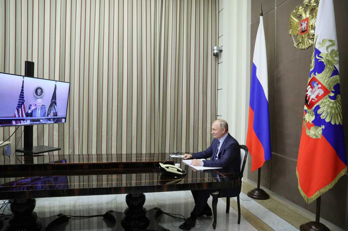 Russian President Vladimir Putin holds talks with U.S. President Joe Biden via a video link in Sochi