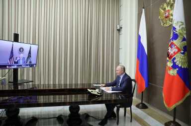 Russian President Vladimir Putin holds talks with U.S. President Joe Biden via a video link in Sochi