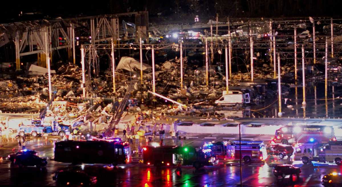 Damage at Amazon warehouse after tornado in Edwardsville, Illinois