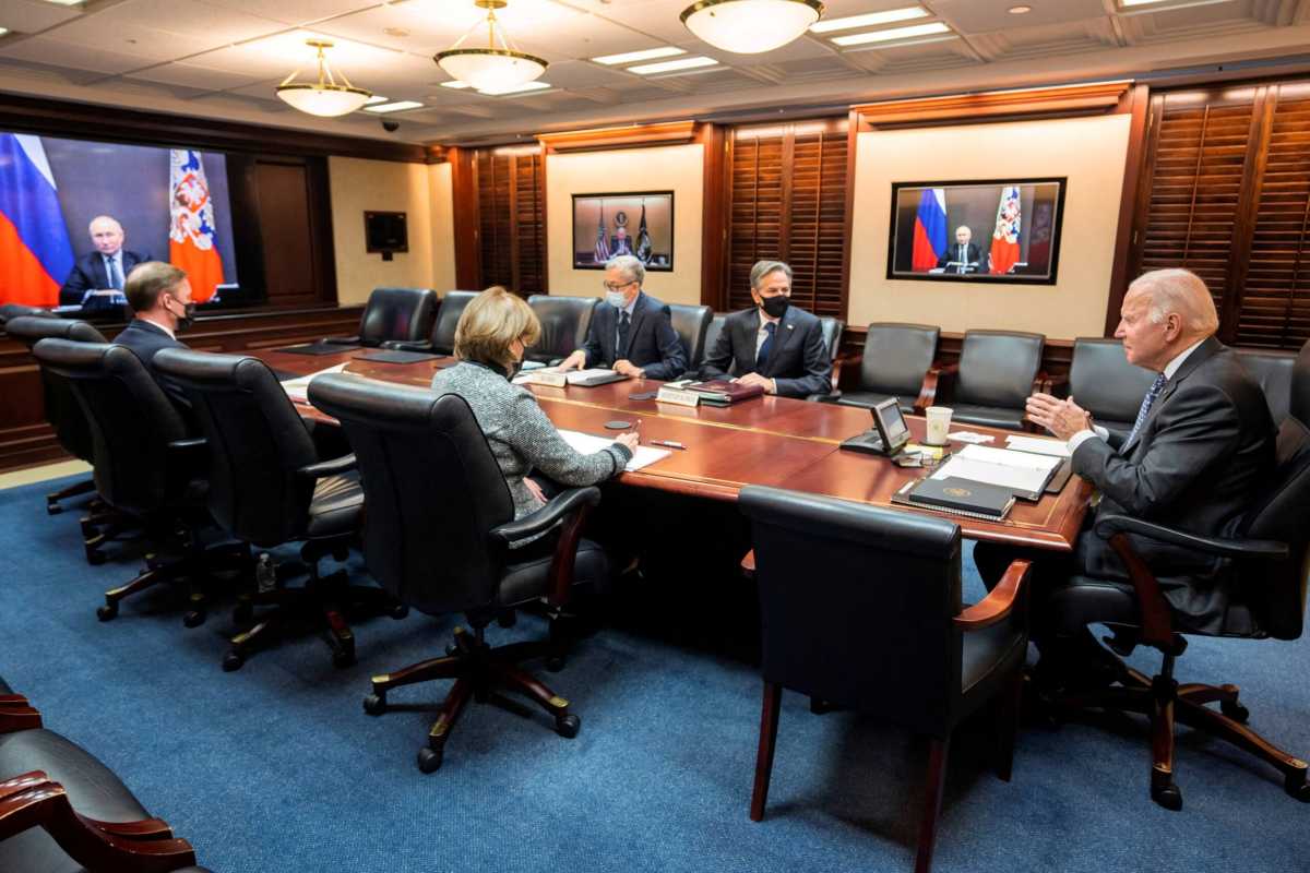 FILE PHOTO: U.S. President Joe Biden holds secure video call with Russia’s President Vladimir Putin from the White House in Washington