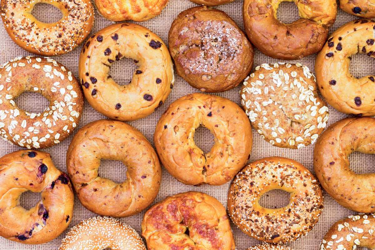 Assorted bagels in a full frame background