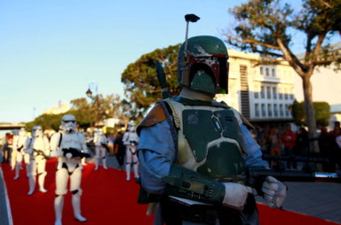 FILE PHOTO: A man dressed up as Boba Fett from the Star Wars movies takes part in a parade as part of a tourism event at Habib Bourguiba Avenue in Tunis