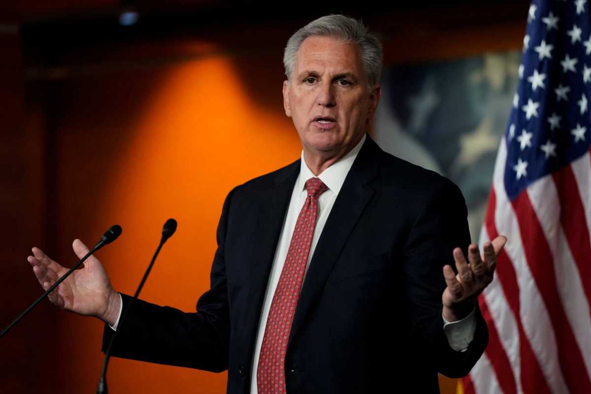 House Minority Leader Kevin McCarthy (R-CA) holds his weekly news conference with Capitol Hill reporters in Washington
