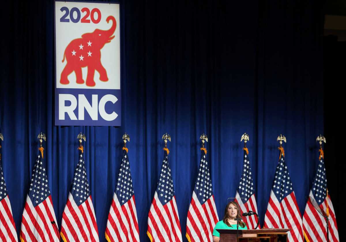 RNC Chairwoman Ronna Romney McDaniel speaks to delegates in the Charlotte Convention Center’s Richardson Ballroom in Charlotte