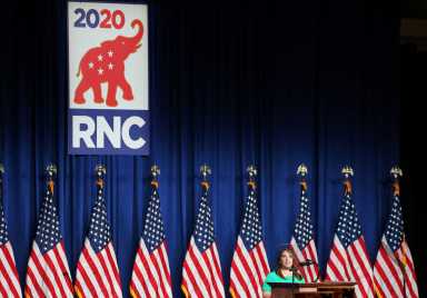 RNC Chairwoman Ronna Romney McDaniel speaks to delegates in the Charlotte Convention Center’s Richardson Ballroom in Charlotte