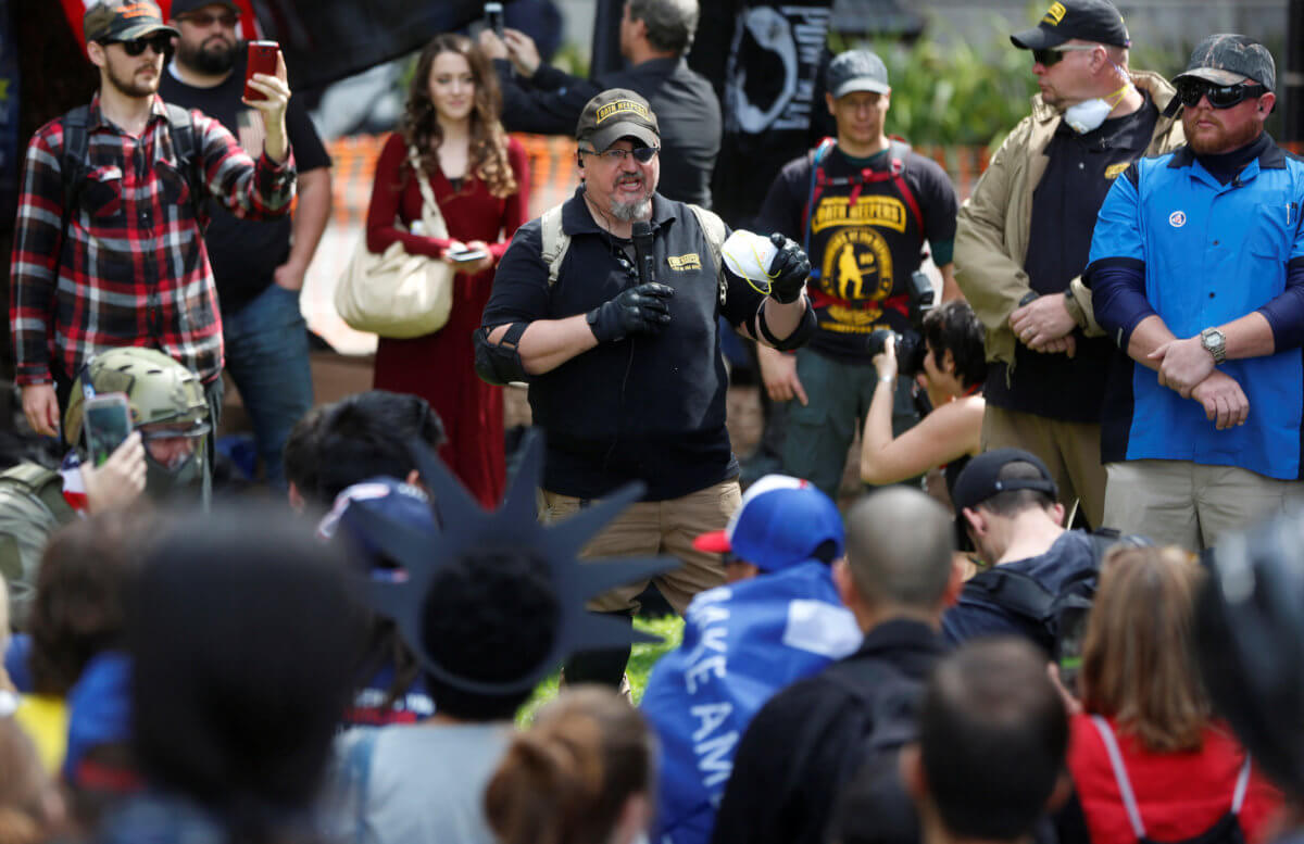 Oath Keepers founder, Stewart Rhodes, speaks during the Patriots Day Free Speech Rally in Berkeley