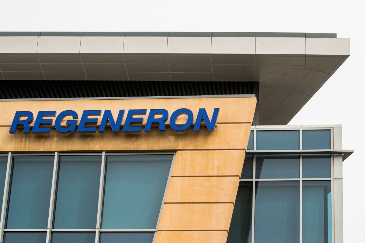 FILE PHOTO: The Regeneron Pharmaceuticals company logo is seen on a building at the company’s Westchester campus in Tarrytown