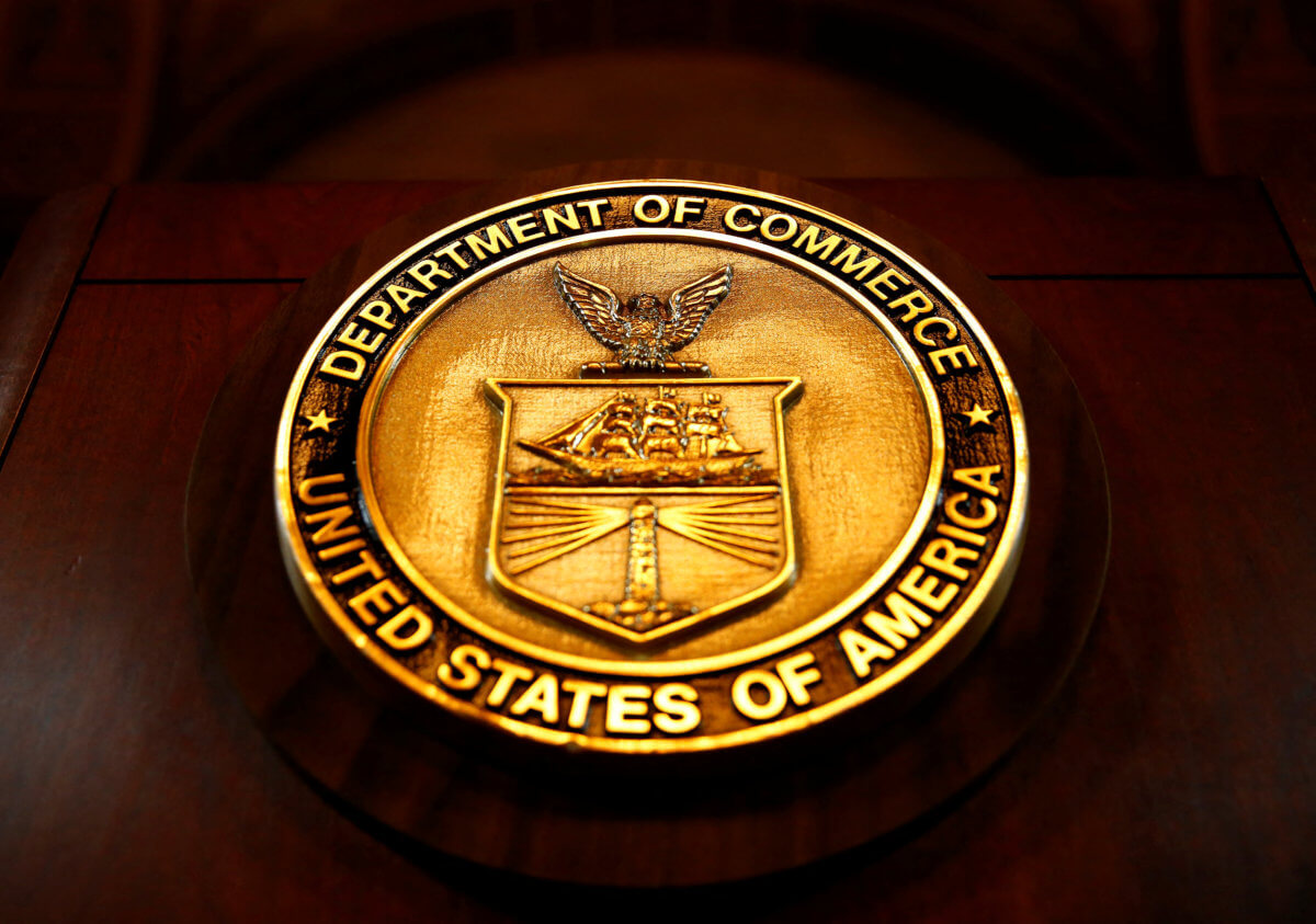 The seal of the Department of Commerce is pictured in Washington