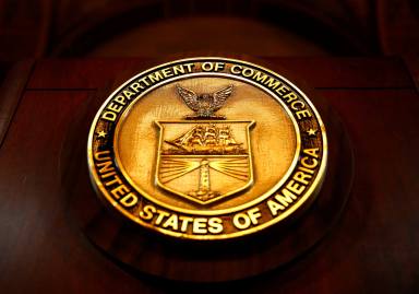 The seal of the Department of Commerce is pictured in Washington