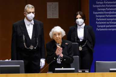 Holocaust survivor addresses EU lawmakers on memorial day, in Brussels