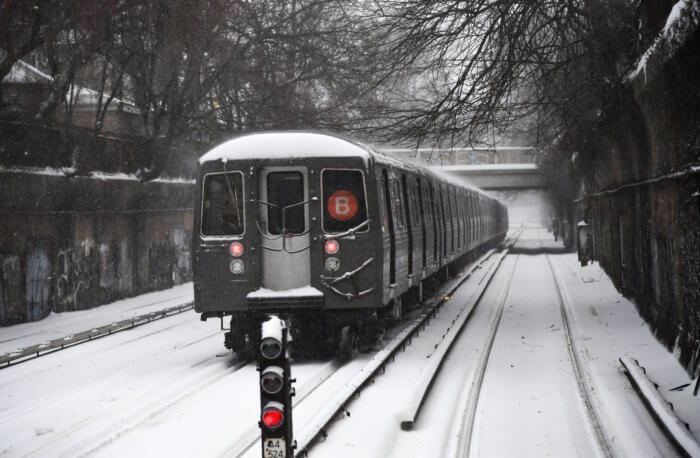 MTA subway train during winter storm