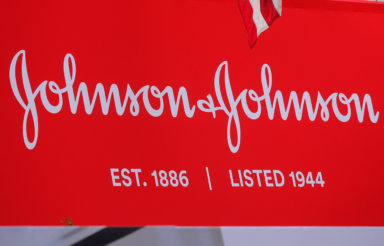 The company logo for Johnson & Johnson is displayed to celebrate the 75th anniversary of the company’s listing at the NYSE in New York