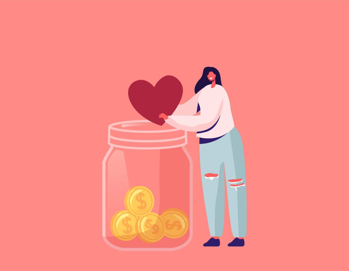 Donation, Volunteers Charity Concept. Tiny Female Character Throw Heart into Huge Glass Jar with Coins for Donate