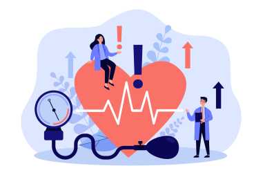 Tiny doctors examining heart health flat vector illustration