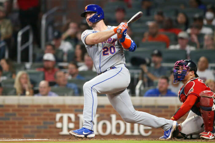 Mets first baseman Pete Alonso bats against the Atlanta Braves.