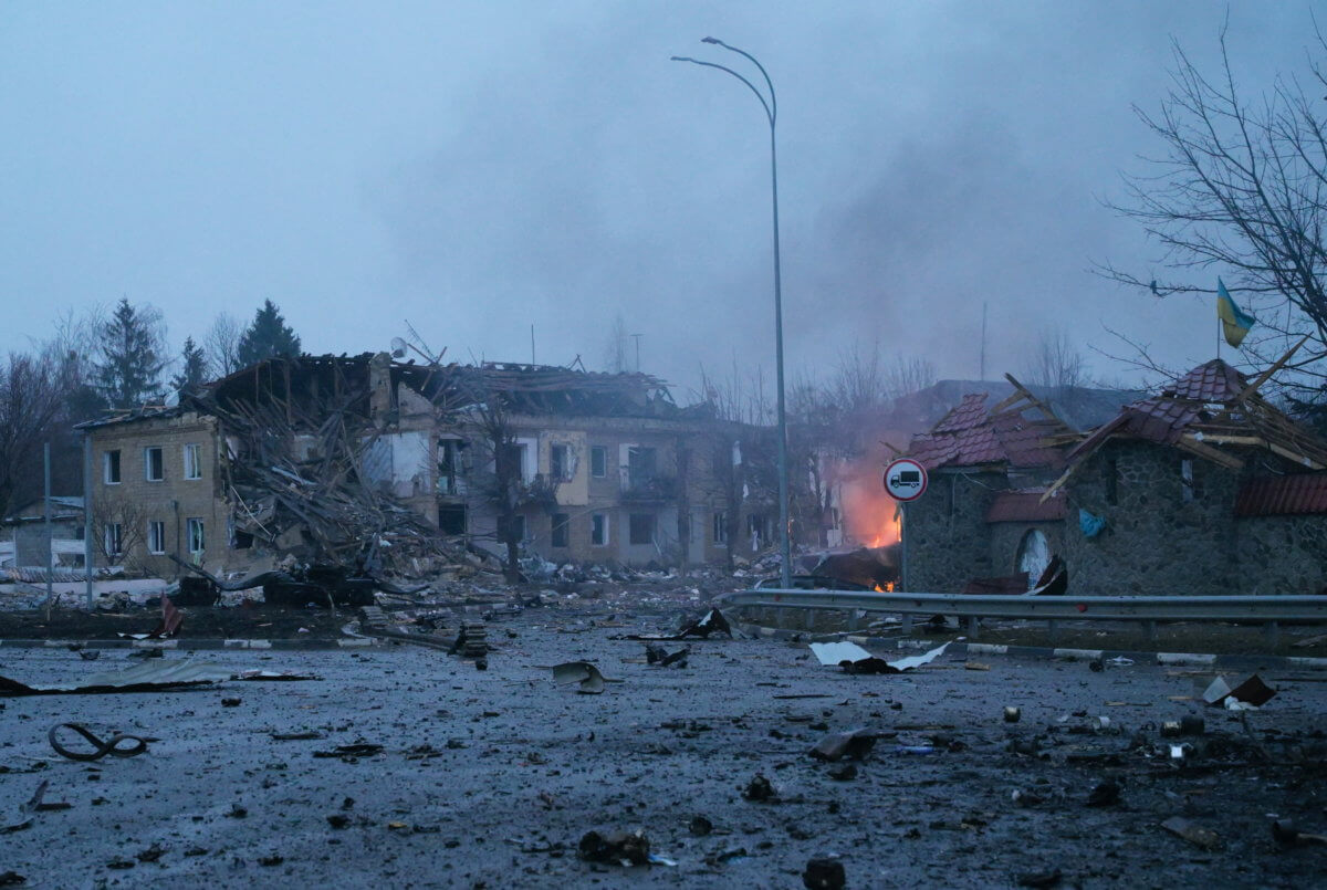 A view shows damaged buildings following recent shelling in Borodyanka
