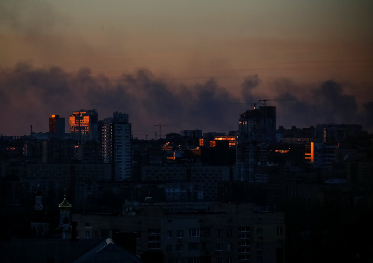 Smoke rises after shelling near Kyiv