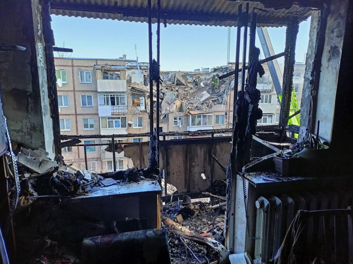 An interior view shows n apartment inside a residential building damaged by an airstrike in Kharkiv