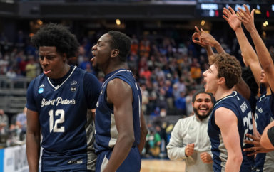 Saint Peter’s Peacocks forward Clarence Rupert reacts after defeating the Kentucky Wildcats.