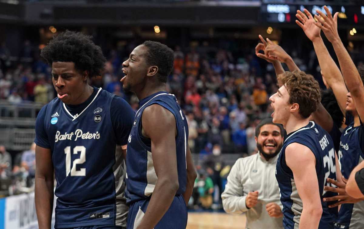 Saint Peter’s Peacocks forward Clarence Rupert reacts after defeating the Kentucky Wildcats.