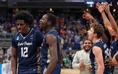 Saint Peter’s Peacocks forward Clarence Rupert reacts after defeating the Kentucky Wildcats.