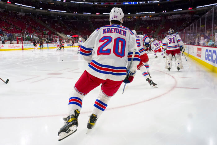 Rangers left wing Chris Kreider come shout onto the ice against the Carolina Hurricanes after the trade deadline