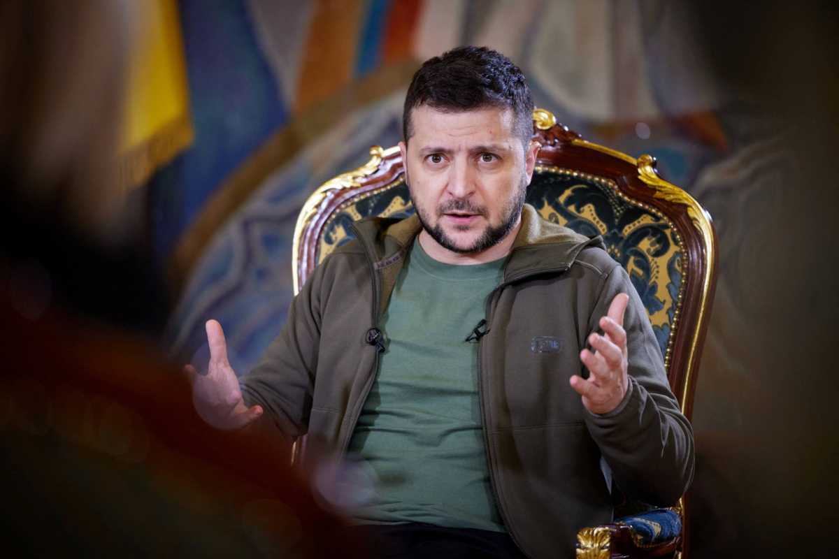 Ukraine’s President Volodymyr Zelenskiy attends an interview with the media in Kyiv