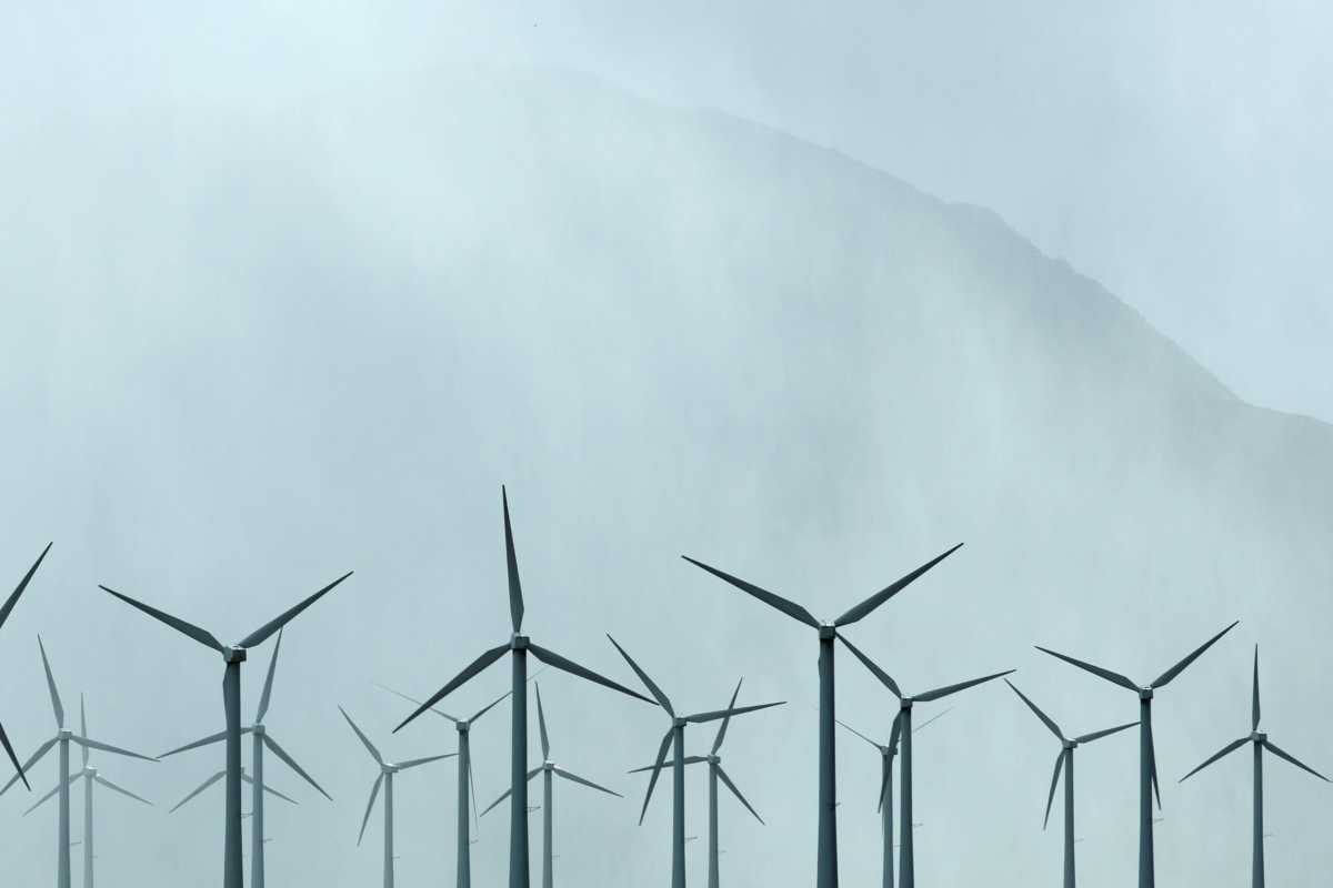 Wind turbines spin during a winter storm near Palm Springs, California