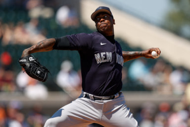 Yankees relief pitcher Aroldis Chapman throws a pitch in the fourth inning against the Detroit Tigers.