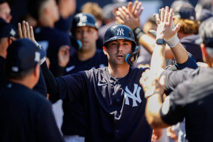 Yankees catcher Kyle Higashioka is congratulated after hitting a two run home run.