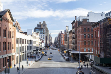 Overhead view of 14th Street scene in the Chelsea neighborhood of Manhattan, New York City