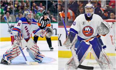 Igor Shesterkin of the Rangers (left) and Ilya Sorokin of the New York Islanders (right).