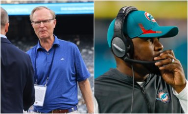 John Mara (left) has no intention of settling the lawsuit from Brian Flores (right).