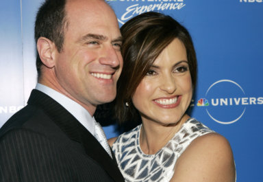 Actors Meloni and Hargitay from NBC’s drama series “Law & Order: Special Victims Unit” arrive at the NBC Universal Experience in New York