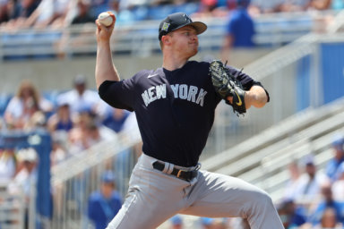 Yankees pitcher Clarke Schmidt throws a pitch during the third inning during spring training against the Blue Jays.