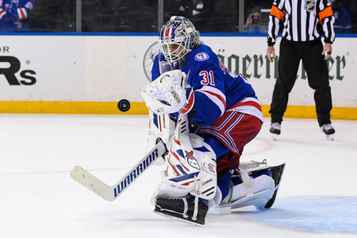 Rangers goaltender Igor Shesterkin makes a save against the Philadelphia Flyers.