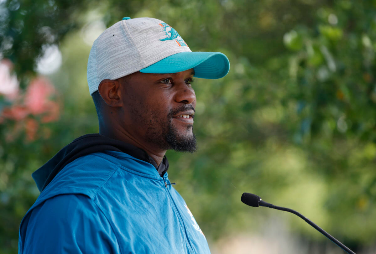 Former Miami Dolphins' coach Brian Flores during a press conference.