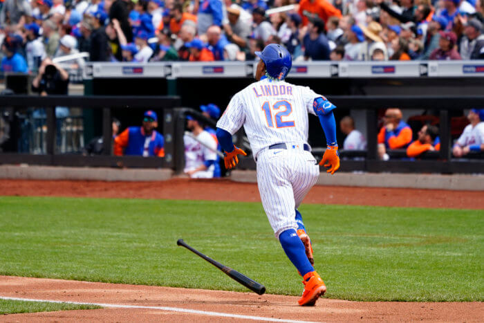 Mets designated hitter Francisco Lindor watches his home run against the San Francisco Giants during the first inning at Citi Field. 