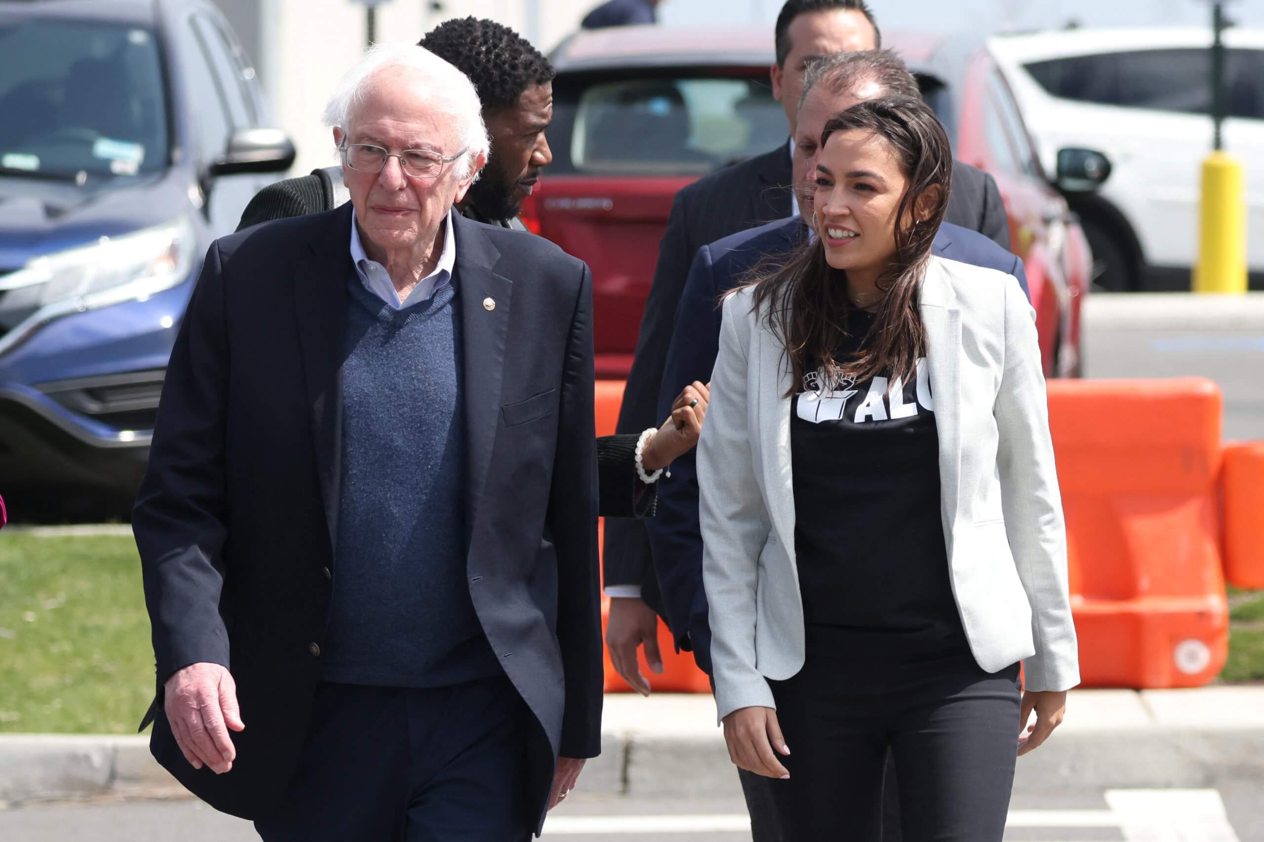 Senator Bernie Sanders and Rep. Alexandria Ocasio-Cortez arrive at the Amazon facility during a rally in Staten Island.